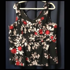 Sleeveless Peplum Top - Black, Red Floral